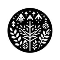 Black and White Circular Illustration of a Stylized Forest Landscape with Trees, Plants, and Geometric Shapes. vector