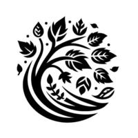 Circular Black and White Stylized Tree with Leaves and Dots, a minimalist nature . vector