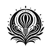 Stylized Black and White Illustration of Hot Air Balloon within Floral and Circular Elements. Decorative on White Background. vector