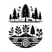 Stylized Black and White Nature Illustration Forest and Flora Scenes on a White Background in a Minimalist, Geometric . vector