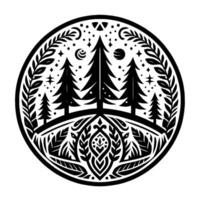 Intricate monochrome circular featuring stylized trees, celestial elements, and ornamental foliage, conveying a sense of harmony. vector