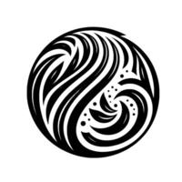 A bold black and white circular featuring swirling patterns, leaflike motifs, and a minimalist aesthetic with dot accents against a bright white backdrop. vector
