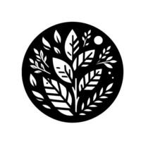 Stylized Black and White Circular Featuring Leaves, Branches, and a Dot, Evoking Natures Simplicity. vector