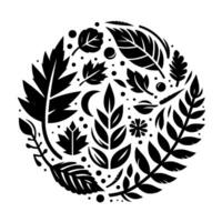 Black white circular of stylized leaves, twigs, and a crescent moon, creating an intricate, organic pattern. vector
