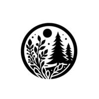 Circular Black and White Nature Scene Forest with Trees, Plants, Moon, and Stars in Illustration Style. vector