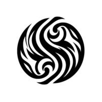 Abstract, bold, symmetrical black and white swirl composed within a circle, reminiscent of Polynesian or tribal art, against a stark white backdrop. vector
