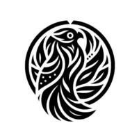 Stylized Black Hawk Silhouette Enclosed in a Circular Frame, Emphasizing Feathers and Abstract on a White Background. vector