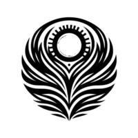 Black and white stylized emblem featuring a central, partially shadowed sunlike circle surrounded by radial feathered or leaflike symmetrical elements. vector