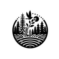 Black and white circular nature with stylized bird, forest, sun, and fields, evoking simplicity and tranquility. vector