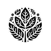 A minimalist black and white botanical emblem of stylized leaves arranged in a circular, symmetrical composition, suggesting growth and natures elegance. vector