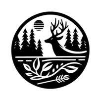 Silhouette of a deer amidst a forest scene with stylized sun, foliage, and arrow within a circular frame, evoking a sense of nature and adventure. vector