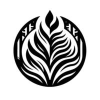 A symmetrical, stylized, black and white of a plant or leaflike form enclosed within a circular frame, set against a clean, white background. vector