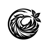 Monochromatic Crest of a Bird Within a Circular Frame, Adorned with Leaves, Representing Nature and Serenity. vector