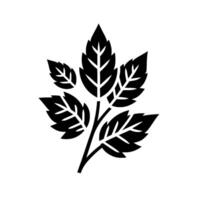 Black and white minimalist illustration of a leaf sprig with five stylized leaves and detailed vein patterns against a clean white background. vector