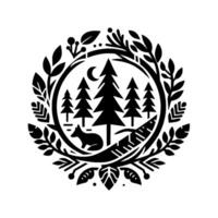 Intricate Black White Circular Illustration Forest scene with trees, fox, crescent moon, encircled by foliage, in a minimalist style. vector