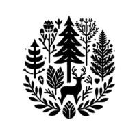 Minimalist black and white forest scene in a circular composition with a deer, trees, foliage, and floral elements. vector