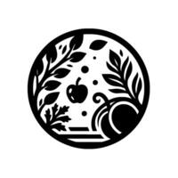 A monochromatic, circular botanical illustration featuring an apple, leaves, pumpkins, and decorative organic elements. vector