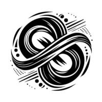 Abstract Infinity Symbol Black White Circular with Geometric Swirls, Dots and Lines on a Plain White Background. vector