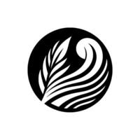 Black and White Circular with Fernlike Leaf and Wavelike Elements, Minimalist Composition. vector
