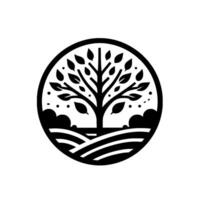 Stylized Black and White Circular Featuring a Tree with Lush Foliage, Rolling Hills, and Bushes, Evoking Natures Resilience and Growth. vector
