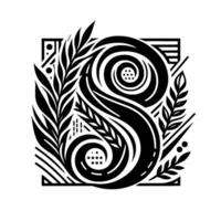Monochromatic Botanical S Art Decorative Letter within Geometric Frame with Floral and Swirl Elements. vector