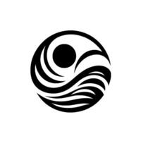 Minimalist Black and White Round Sun and Sea Wave Symbol, Abstract Artistic on a White Background. vector