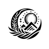 Symbolic black and white emblem featuring mountains, sun, crescent, stars, and foliage elements arranged within a circular frame. vector