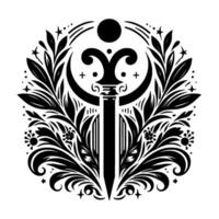 Intricate Monochrome Floral Crest with a Central Sword, Stars, and Geometric Elements. vector