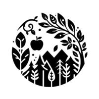Black and White Nature Scene Circular Illustration with Apple, Trees, Mountain Silhouette, Foliage, and Decorative Elements. vector
