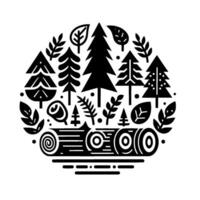 Intricate black and white circular forest illustration featuring stylized trees, leaves, and a log with a minimalist, aesthetic. vector