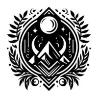 Symbolic Black and White Crest Depicting Mountain Peaks Under Crescent Moons, Stars, and Celestial Elements within a Laurel Wreath. vector