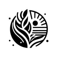 Black and White Yin Yang Organic Leaf Forms Juxtaposed with Geometric Sun and Horizon Inside a Circle, with Dot Accents. vector