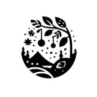 Black and white circular winter scene, with stylized tree, snow, mountains, and whimsical hanging fruit. vector