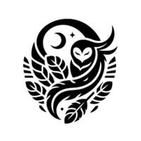 Stylized black and white owl emblem, set in an oval frame with moon, star, leaves, and feathers, evoking a sense of elegance and nocturnal mystery. vector