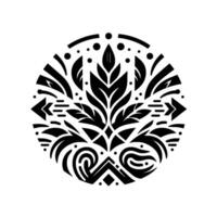 Symmetrical Black and White Floral Mandala Featuring Leaves, Arrows, Geometric Shapes in a Circular Pattern. vector