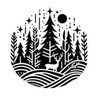 Black and White Circular Illustration of a Winter Forest Scene with Deer, Stars, Moon, and Trees vector