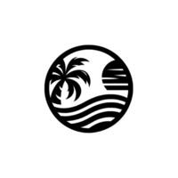 A minimalist black and white circular featuring a palm tree, waves, and a stylized sun set, evoking a tropical beach scene. vector