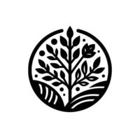 Stylized Black and White Circular Nature with Tree, Fields, and Leaves, for Organic Branding or EcoFriendly Designs. vector
