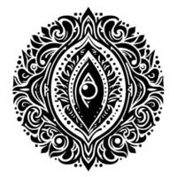 Intricate Black and White Circular Mandala Featuring a Central Eye Motif with Ornate Floral and Geometric Patterns. vector