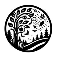A circular, blackandwhite stylized illustration of a fall scene, featuring a tree with pumpkins, bats, rain, and a crescent moon against a backdrop of fields and trees. vector
