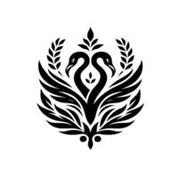 Symmetric Black and White Featuring Two Elegant Swans Intertwined with Foliage Elements. vector
