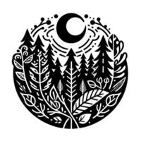 Intricate Circle Silhouette of a Forest with Moon, Detailed Foliage, and Geometric Black and White Composition. vector