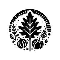 Stylized Black and White Autumnal Emblem Featuring Oak Leaf, Pumpkins, and Foliage Within a Circular Frame, Celebrating Fall. vector