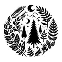A monochrome circular featuring stylized forest elements, including trees, leaves, crescent moons, and crosses, creating a harmonious and minimalist aesthetic. vector