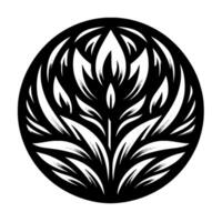 A black and white illustration of a stylized plant or flower , enclosed within a circular frame, with a dotted texture. vector