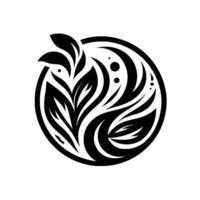 A minimalist black and white botanical illustration, a circular featuring stylized leaves, creating a harmonious and organic composition against a clean white backdrop. vector
