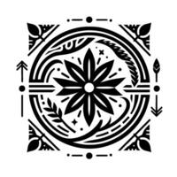 Intricate Black White Geometric Floral with Circular Square Elements, Featuring Arrows, Leaves, Minimalist Stars, Isolated on White. vector