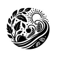 A black and white circular emblem depicts a stylized harvest scene, featuring apples, wheat, leaves, a sun, and flowing water, evoking natures bounty. vector