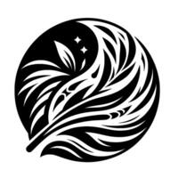 A monochromatic YinYang inspired featuring stylized feather and leaf elements enclosed within a circular frame, accented by two stars. vector