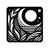 Geometric Monochrome Featuring a Crescent Moon and Full Moon, Amidst Organic Leaves and Stars, in a Square Composition. vector